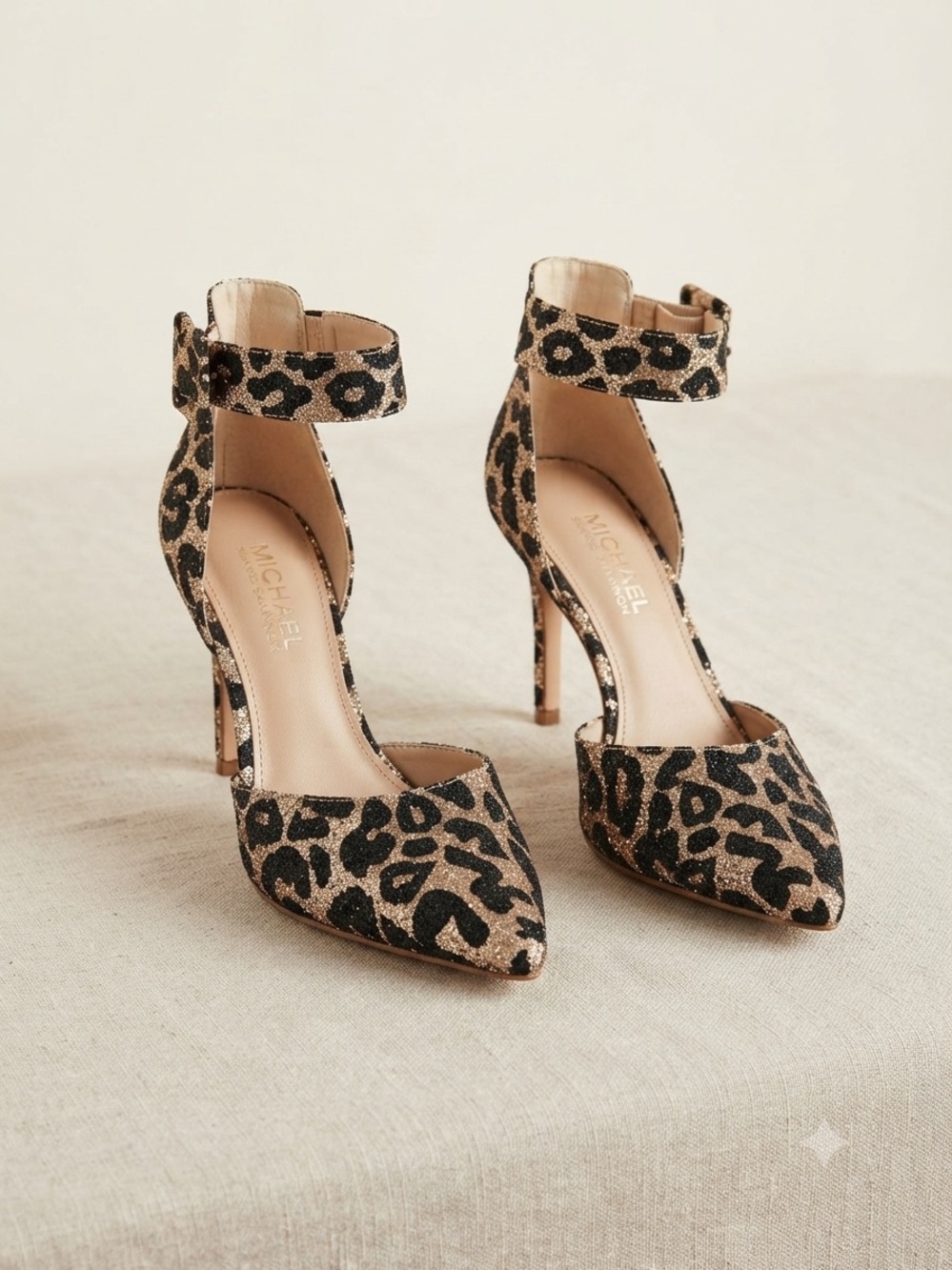 Michael Shannon Leopard Print Ankle Strap Pumps in Gold and Black